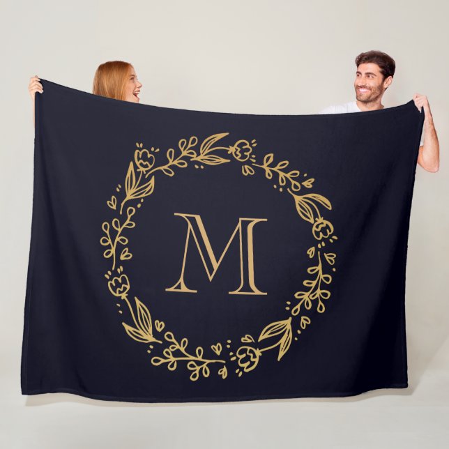 Golden Floral Monogram Fleece Blanket (In Situ)