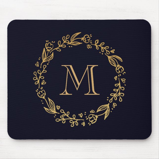 Golden Floral Monogram Mouse Pad (Front)
