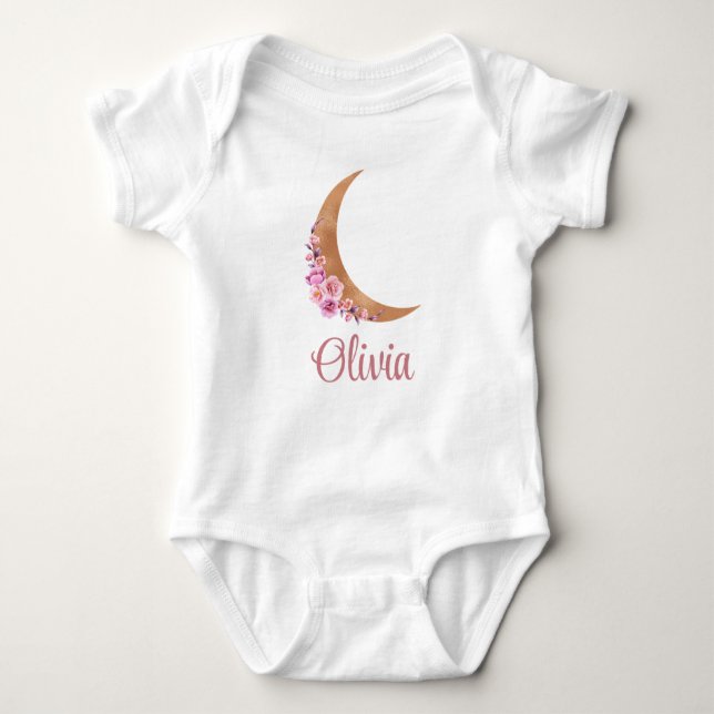 Golden Floral Moon Custom Name Baby Bodysuit (Front)