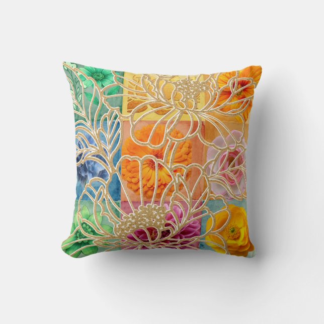 Golden Floral Mosaic Pillow  (Front)