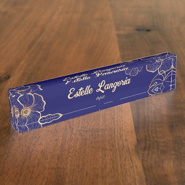 Golden floral navy blue name tag nameplate (Side)