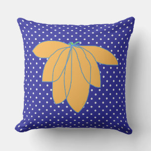 Golden Floral On Blue White Dots  Cushion