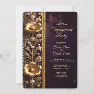 Golden Floral Ornament with Pearls Engagement Invitation