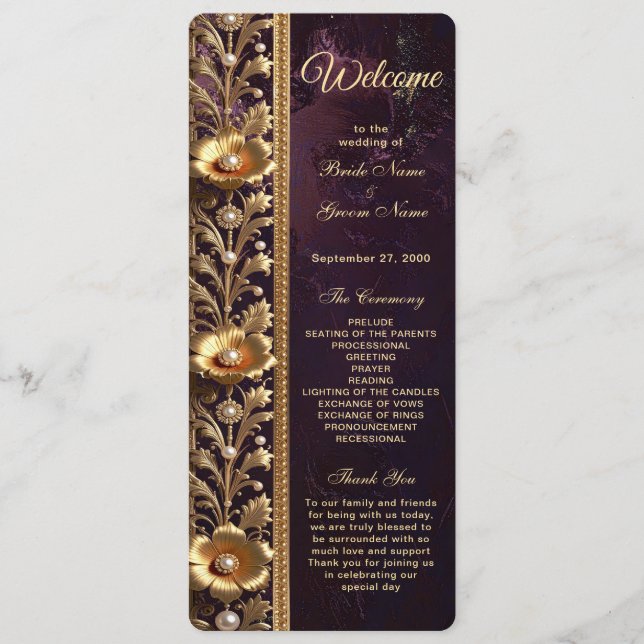 Golden Floral Ornament with Pearls Wedding Program Programme (Front)