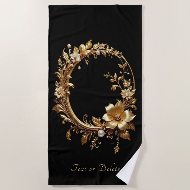 Golden Floral Ornate Beach Towel (Front)