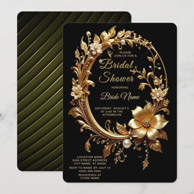 Golden Floral Ornate Frame Bridal Shower Invitation (Front/Back)