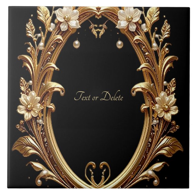Golden Floral Ornate Frame Ceramic Tile (Front)