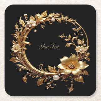 Golden Floral Ornate Frame Paper Coaster