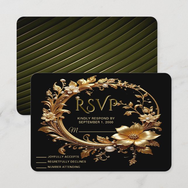 Golden Floral Ornate Frame RSVP Card (Front/Back)