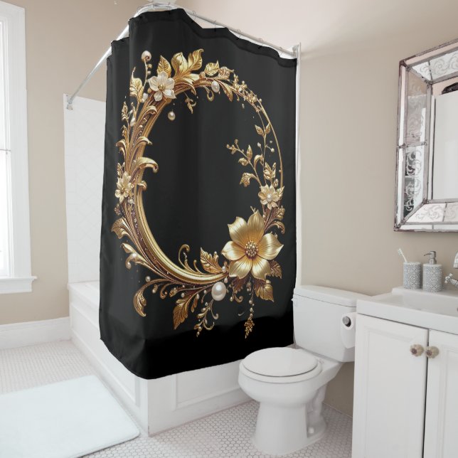 Golden Floral Ornate Frame Shower Curtain (In Situ)