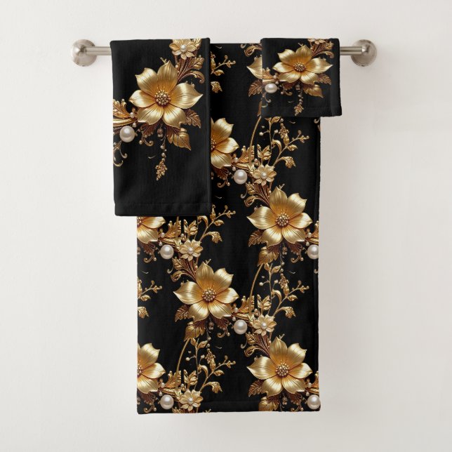 Golden Floral Ornate Towel Set (Insitu)