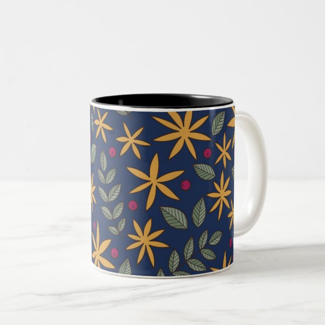 Golden Floral Pattern Botanical Design Two-Tone Coffee Mug (Front Right)