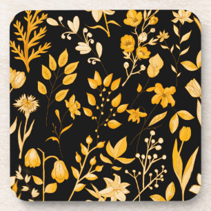Golden Floral Pattern for Autumn Black BG Coaster