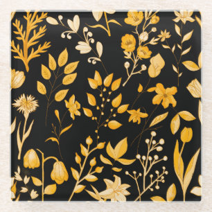 Golden Floral Pattern for Autumn Black BG Glass Coaster