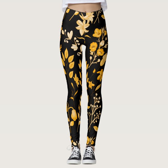 Golden Floral Pattern for Autumn. Black BG Leggings (Front)