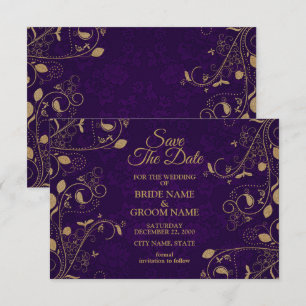 Golden Floral Pattern Leaves Purple Modern Wedding Save The Date