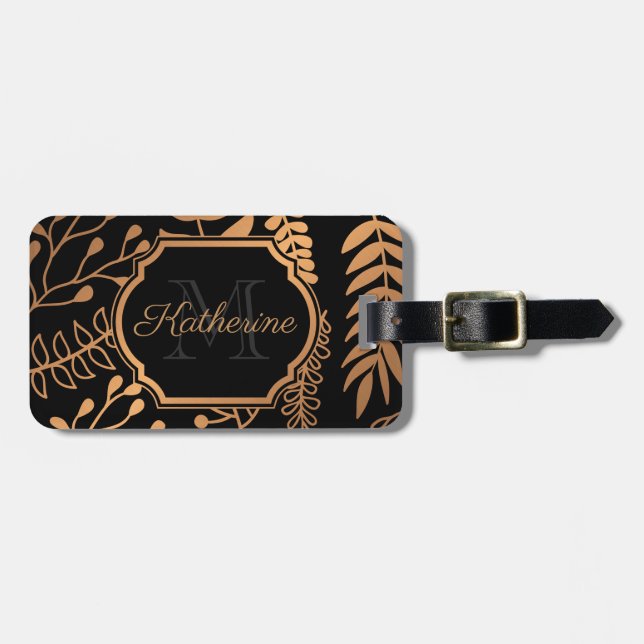 Golden Floral Pattern Luggage Tag (Front Horizontal)