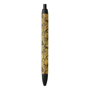 Golden Floral Pattern Oriental Flower Black Ink Pen