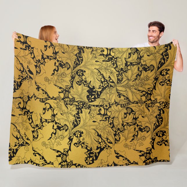 Golden Floral Pattern Oriental Flower Fleece Blanket (In Situ)