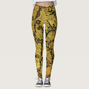 Golden Floral Pattern Oriental Flower Leggings