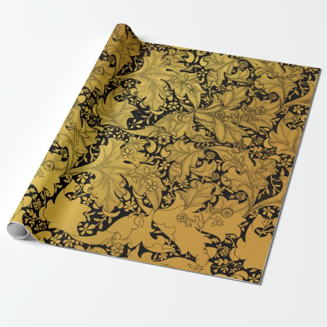 Golden Floral Pattern Oriental Flower Wrapping Paper (Unrolled)