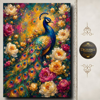 Golden Floral Peacock Decoupage Tissue Paper