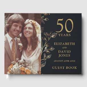 Golden Floral Photo 50th Wedding Anniversary Guest Book