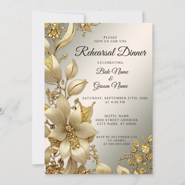 Golden Floral Rehearsal Dinner Invitation (Front)