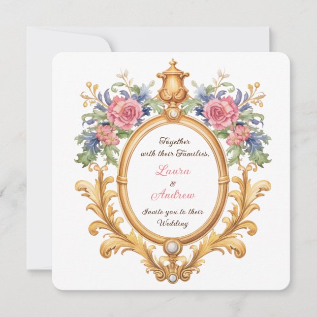 Golden Floral Rococo Wedding Elegant Regal Roses Invitation (Front)