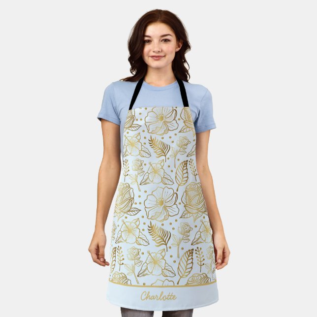 Golden floral seamless pattern personalised name apron (Worn)