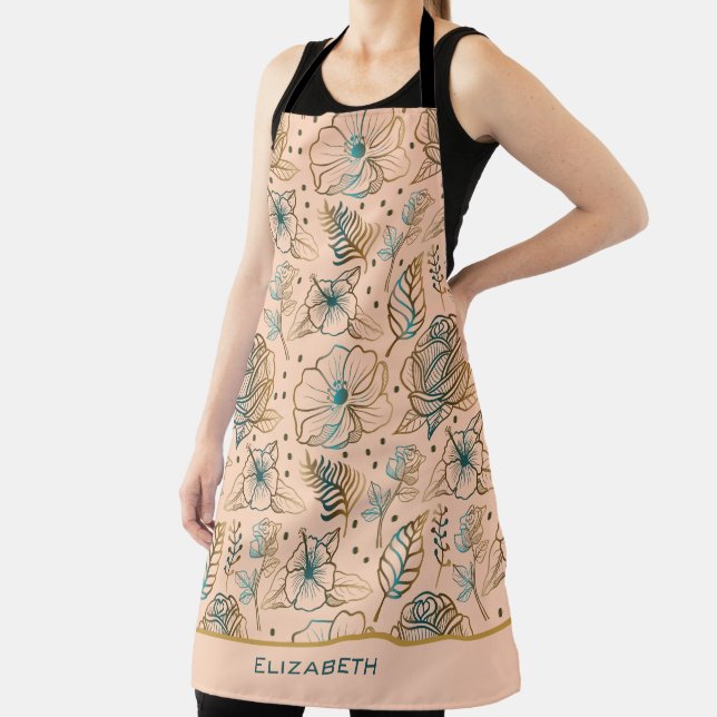 Golden floral seamless pattern personalised name apron (Insitu)