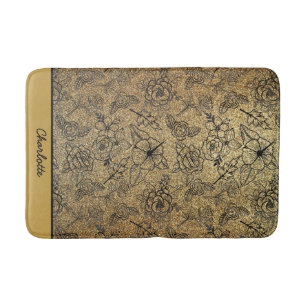 Golden floral seamless pattern personalised name  bath mat