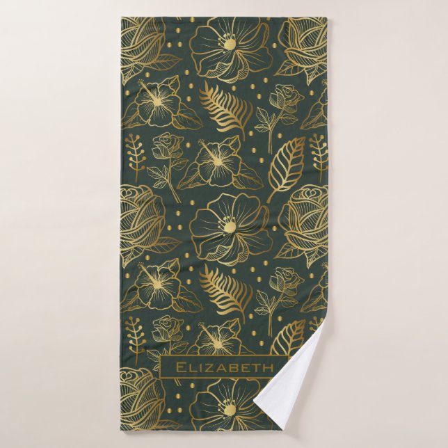Golden floral seamless pattern personalised name  bath towel (Bath Towel)