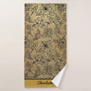 Golden floral seamless pattern personalised name  bath towel