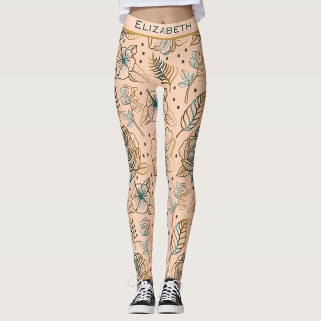 Golden floral seamless pattern personalised name leggings (Front)