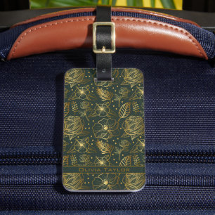 Golden floral seamless pattern personalised name luggage tag