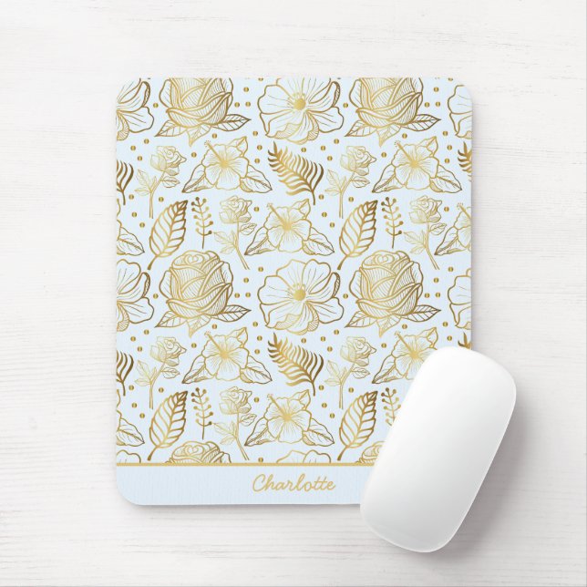 Golden floral seamless pattern personalised name mouse pad (With Mouse)