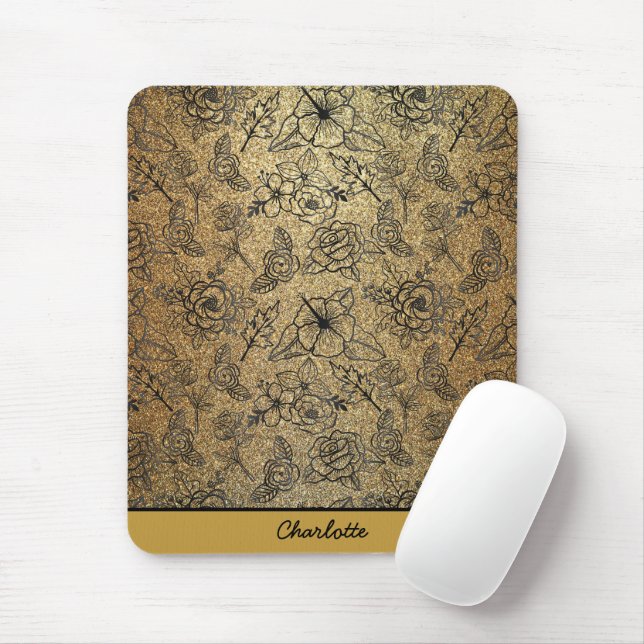 Golden floral seamless pattern personalised name  mouse pad (With Mouse)