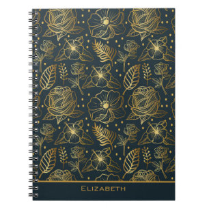 Golden floral seamless pattern personalised name notebook
