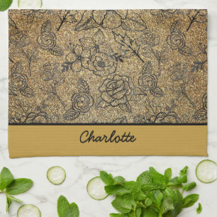 Golden floral seamless pattern personalised name tea towel