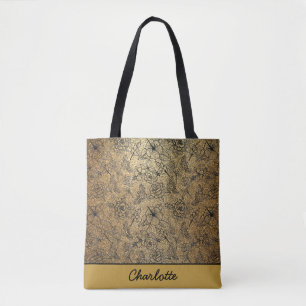 Golden floral seamless pattern personalised name tote bag