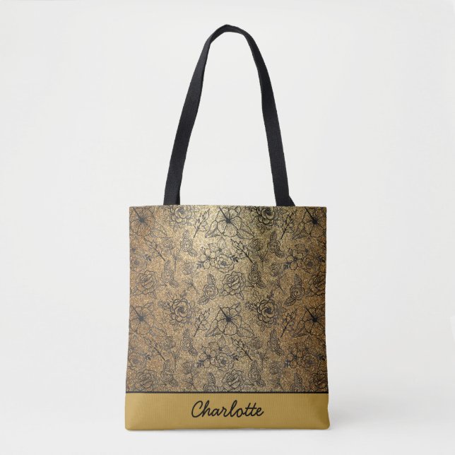 Golden floral seamless pattern personalised name tote bag (Front)