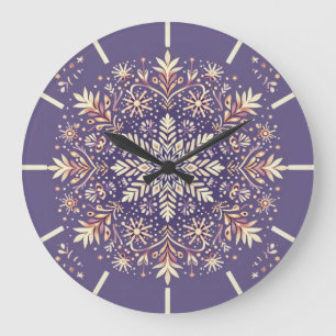 Golden Floral Snowflake Mandala Large Clock