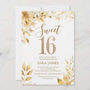 Golden Floral Sweet 16 Birthday Invitation