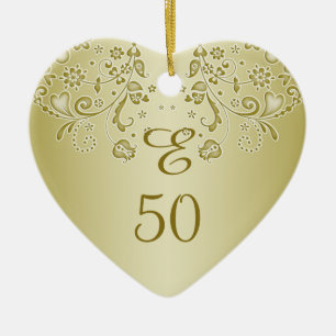 Golden floral swirls 50th Birthday heart Ornament