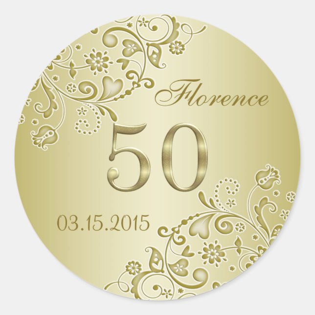 Golden floral swirls 50th Birthday Sticker (Front)