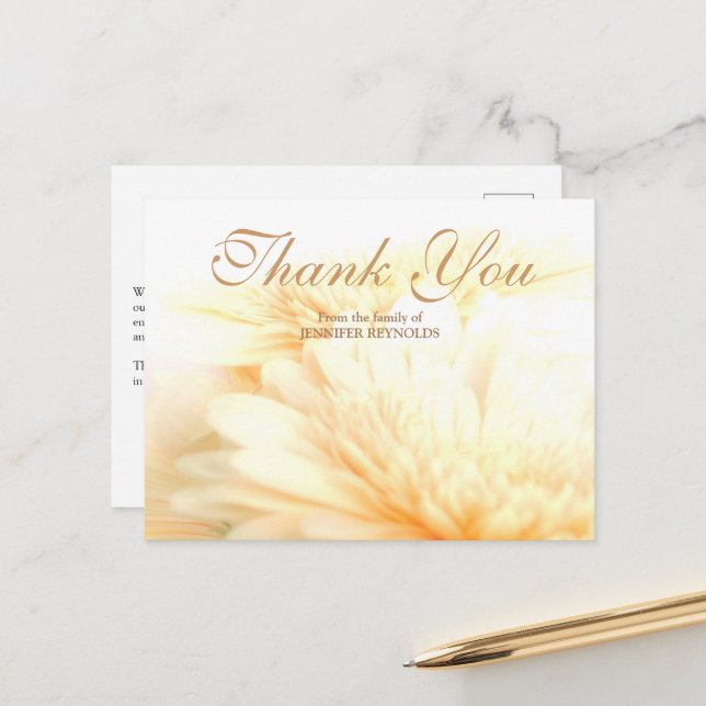 Golden Floral Sympathy Funeral Thank You Postcard (Front/Back In Situ)