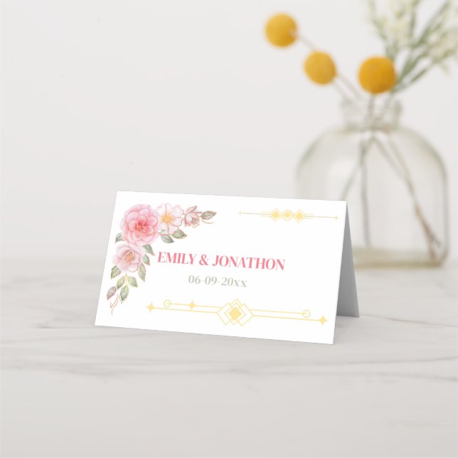 Golden Floral Watercolor Wedding  Place Card (Front)