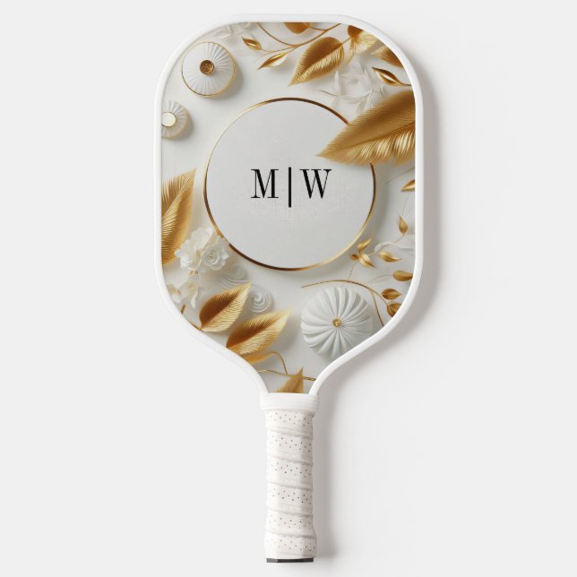 Golden Floral White | Black Monogram Modern Script Pickleball Paddle (Front)