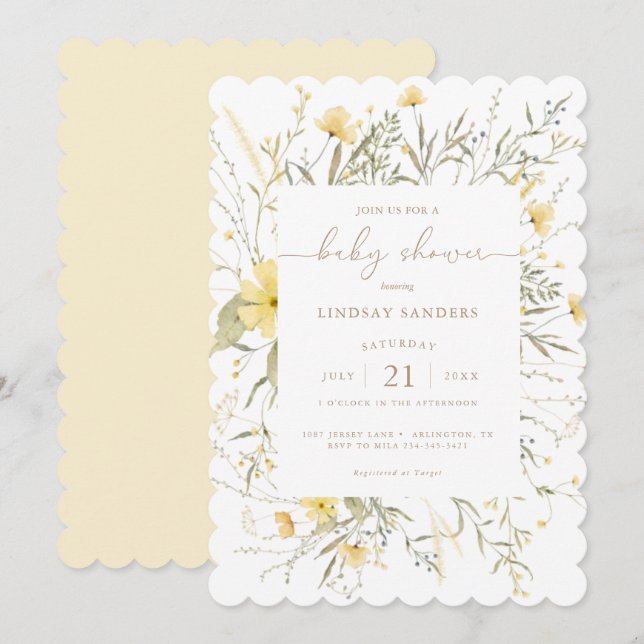 Golden Floral | Wildflower Scalloped Baby Shower Invitation (Front/Back)
